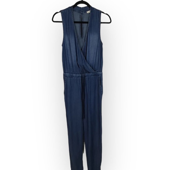 Love Stitch Tencel Chambray Jumpsuit Drawstring Waist Sleeveless Blue Size M - Picture 6 of 11